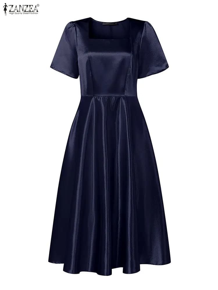 ZANZEA Elegant A Line Party Dress Women Dresses 2025 Square Neck Petal Sleeve Sundress Waisted Satin Robe Solid OL Work Vestidos