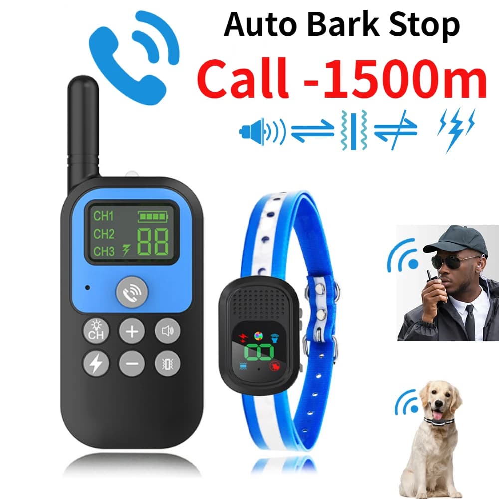 Collare elettrico per addestramento del cane da 1500 m Walkie-talkie vocale Telecomando per animali domestici Ricaricabile impermeabile per suoni di vibrazione di tutte le dimensioni