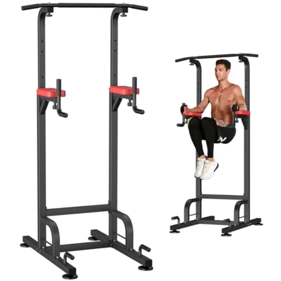 Home gym power tower pull up bar station with steel frame, black finish, foldable design for space-saving strength training and