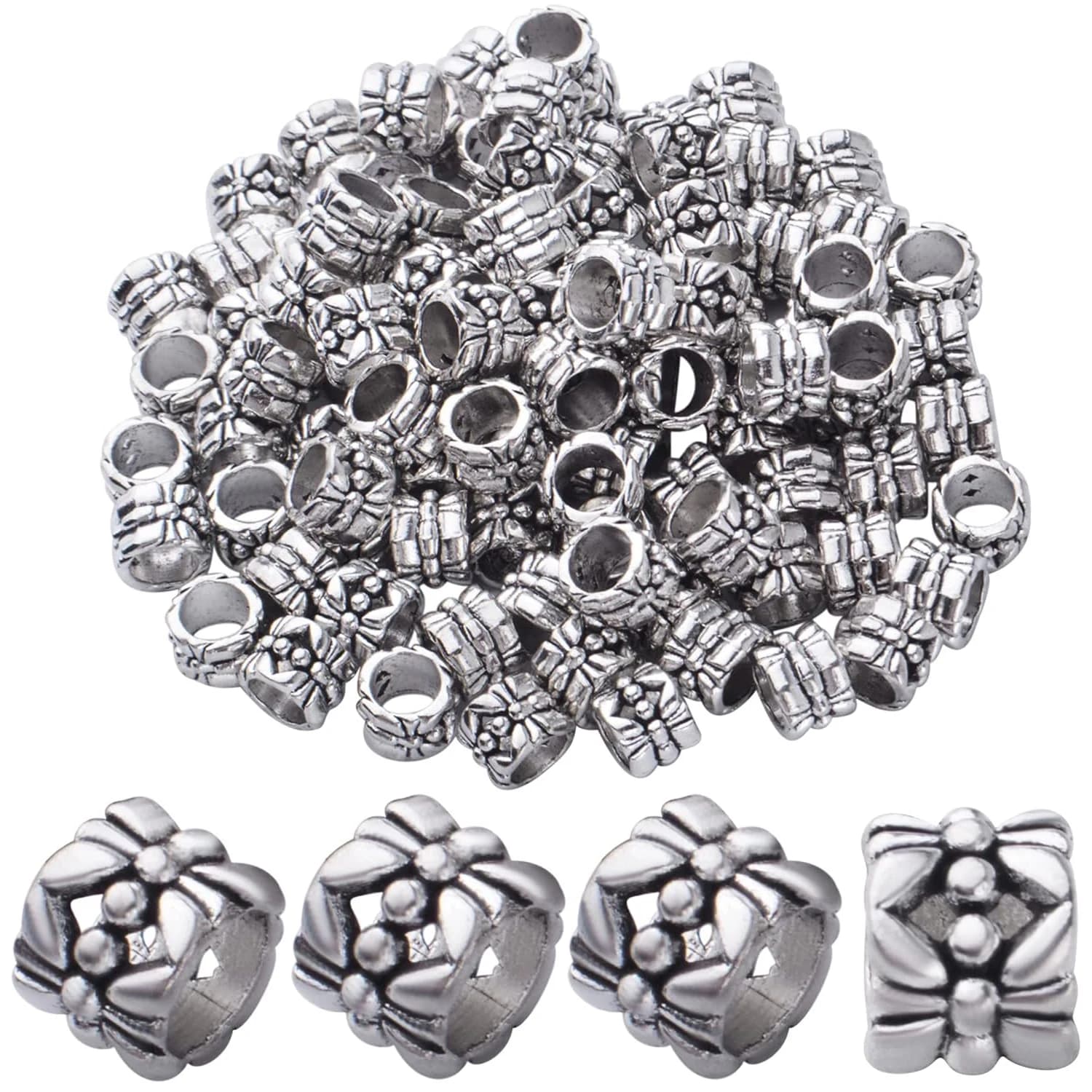 100 pz. Perline a Fiore con Foro Grande in Argento Anticato, Distanziatori a Tubo in Lega per Creazione Gioielli Fai da Te, Collane, Bracciali e Accessori Artigianali