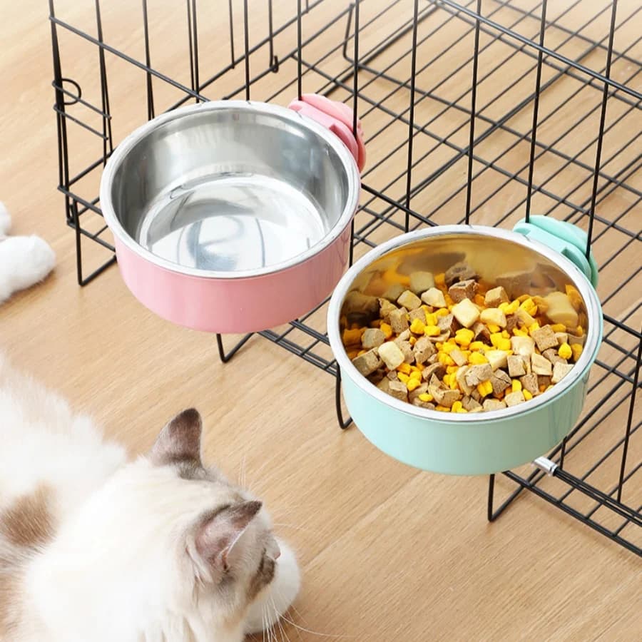 Ciotola per cani sospesa in acciaio inossidabile - Piatto per cibo e acqua montato su gabbia 2 in 1 senza fuoriuscite con clip di bloccaggio | Mangiatoia per animali domestici antiruggine