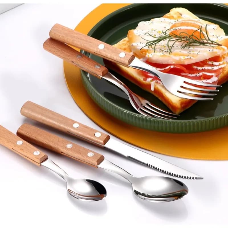 Set of cutlery with wooden handle stainless steel knife fork spoon ideal for home kitchen dining room and restaurant use fashionable cutlery