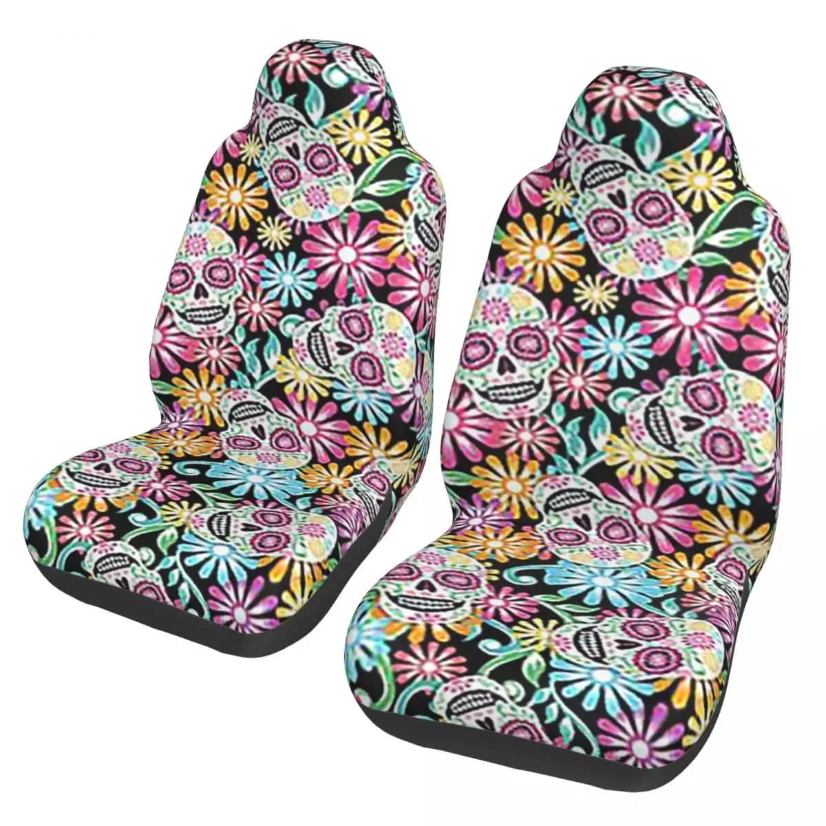 Set of car seat covers with floral pattern colored with sugar skull Day Of The Dead, 2 car parts, SUV, universal protective accessories