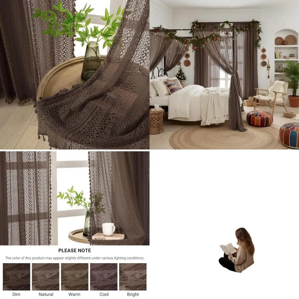 Boho style transparent curtains with pocket for rod and tassels, length 84, set of 2 panels for privacy in bedroom or living room R