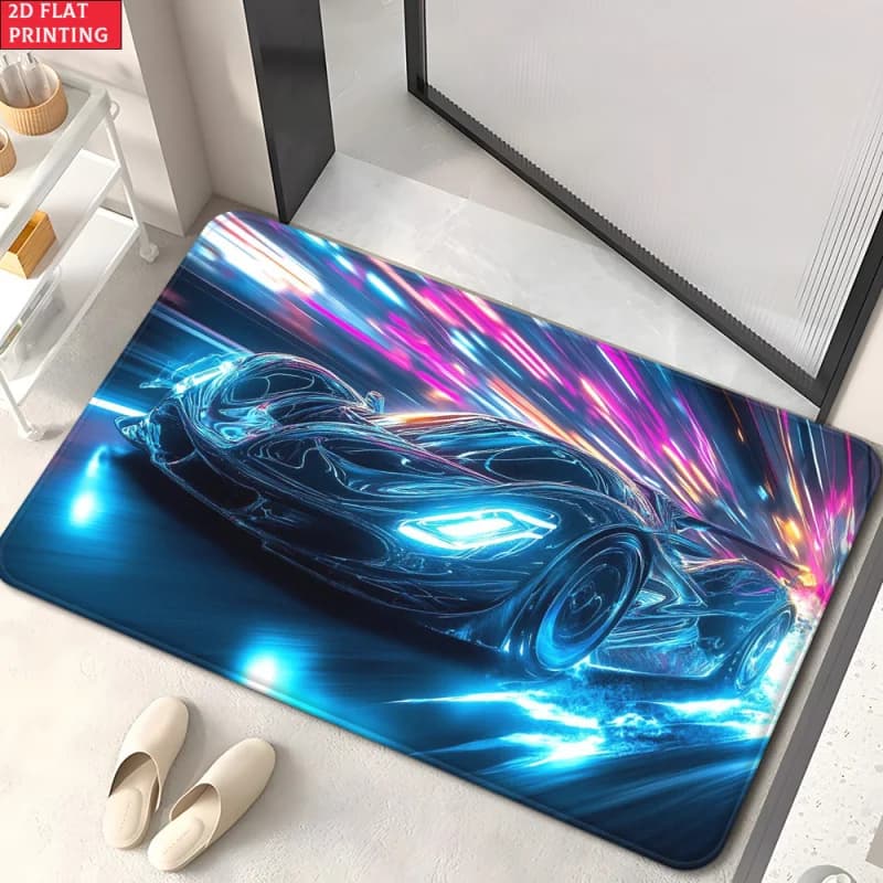 VIKAMA Neon Light Speed Sports Car Doormat Cyberpunk Glowing Supercar With Light Trail Print Non Slip Absorbent Floor Mat Man