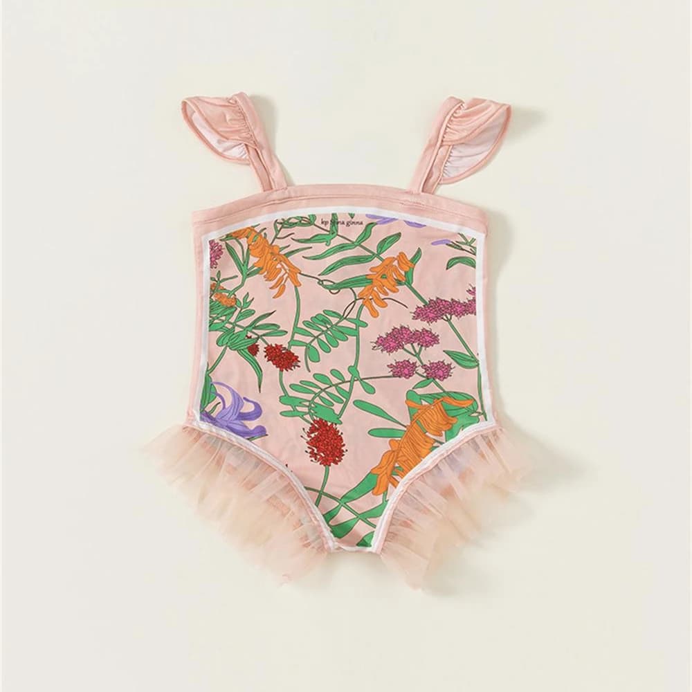 New Children's Bathing Dress Floral Full Color Pink Elegant Baby Dress Slim Soft Swimwear