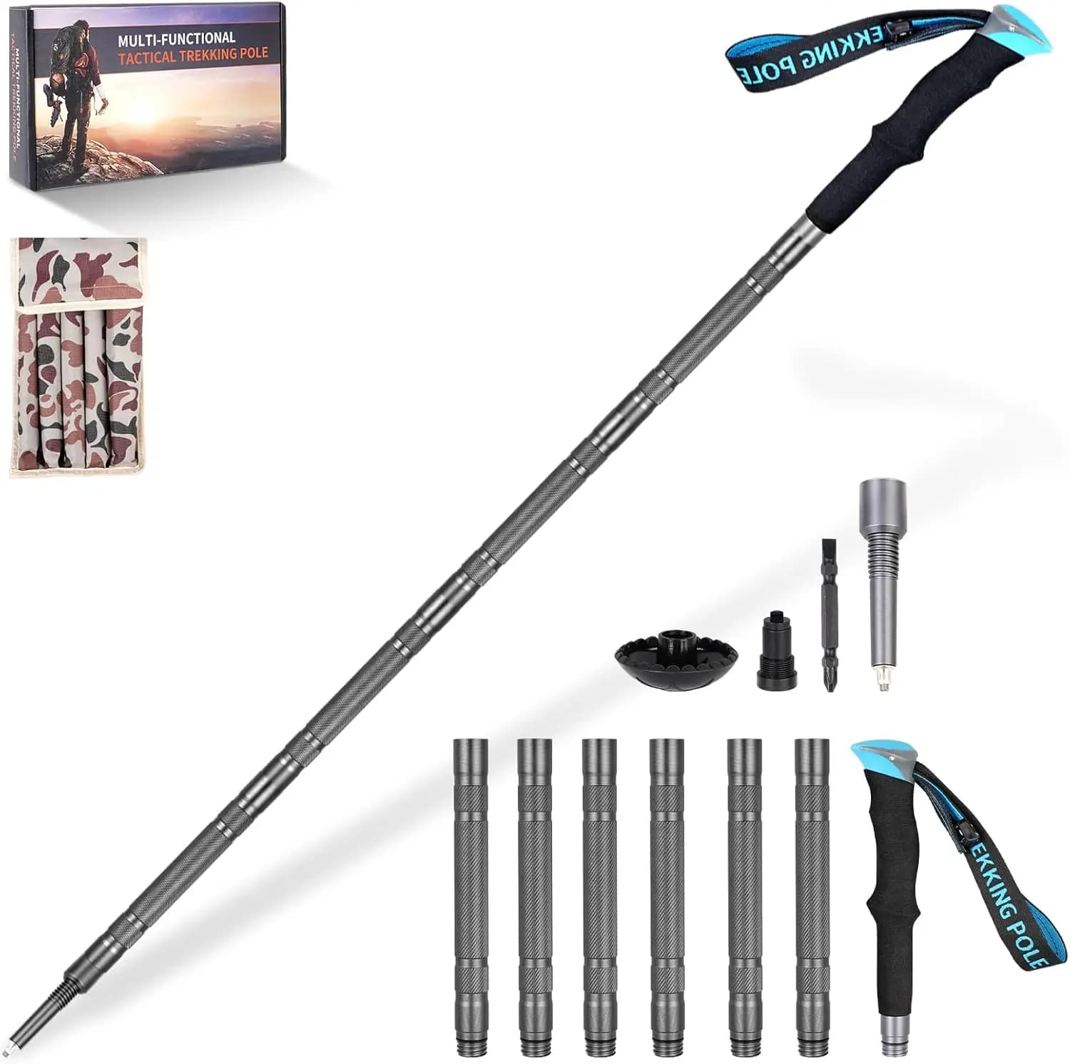 Staff for hiking and walking - Multitool for detachable trekking stick for men woman (7 tubes