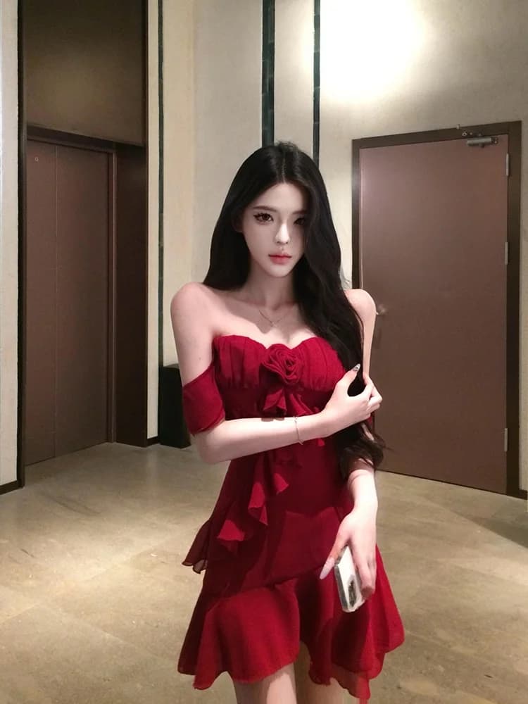 Stazf7 Retro Red Rose Waist Cinched A-Line Skirt Women Summer Elegance Blouse Sleeveless High Waist Short Skirt Zipper Back