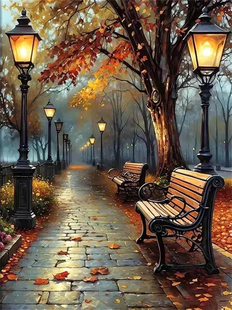Misty Autumn Street Lamp Park Bench Diamond Painting, Retro Fall Scenery Modern Wall Decoration for Living Room and Bedroom
