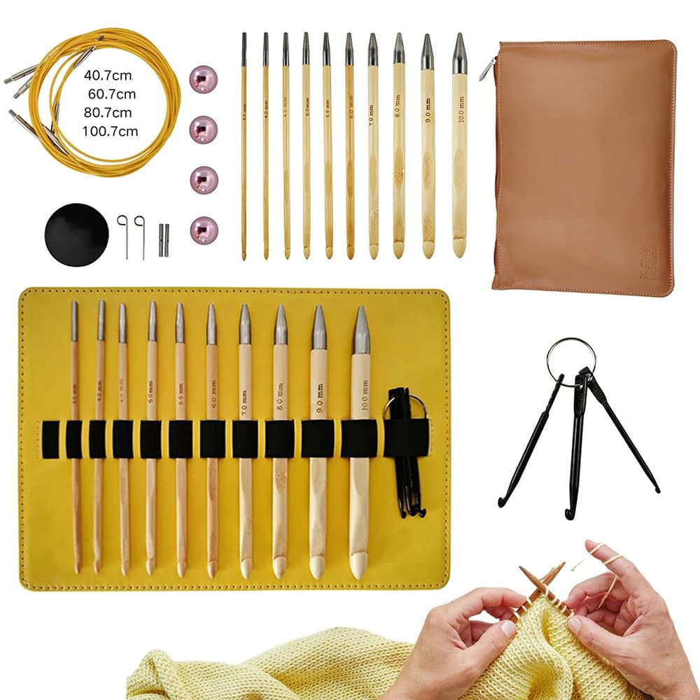 10Pcs Interchangeable Afghan Tunisian Crochet Hooks 5.91inch 3.5mm–10mm Bamboo Circular Weaving Needle Carpet Crochet Hook Set