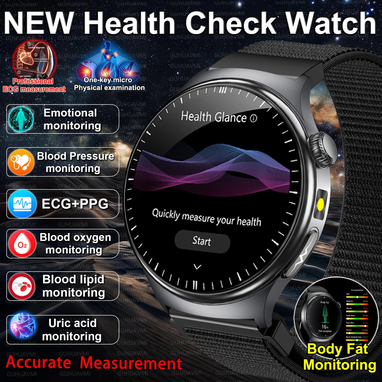 Nuovo Smartwatch Professionale 2026 con ECG+PPG, Monitoraggio Lipidi, Pressione Sanguigna, Acido Urico, Chiamate HD e Torcia per Uomo