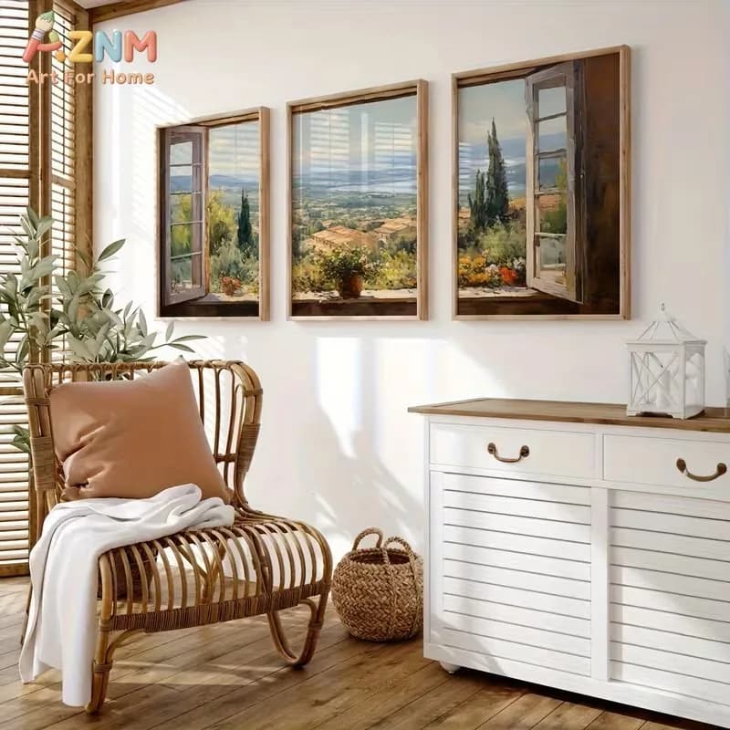 3PCS French Countryside Window View Canvas Prints Set Vintage Provence Tuscan Landscape Open Window Wall Art Posters for Living