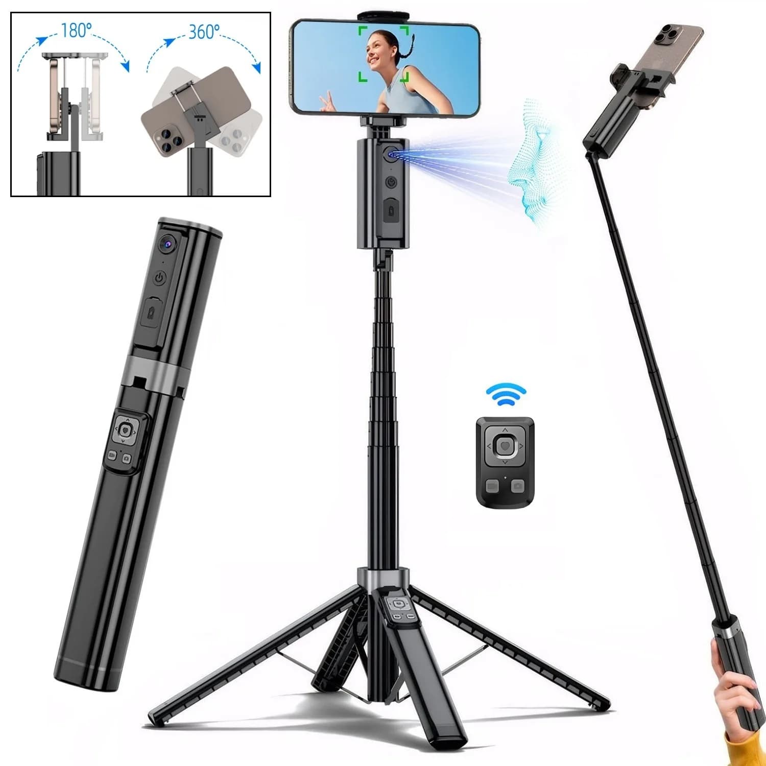 Treppiede per Selfie con Tracciamento Automatico del Viso a 360° ° Supporto per Telefono Rotante per iPhone con Estensione 1.5m e Tracciamento Automatico AI