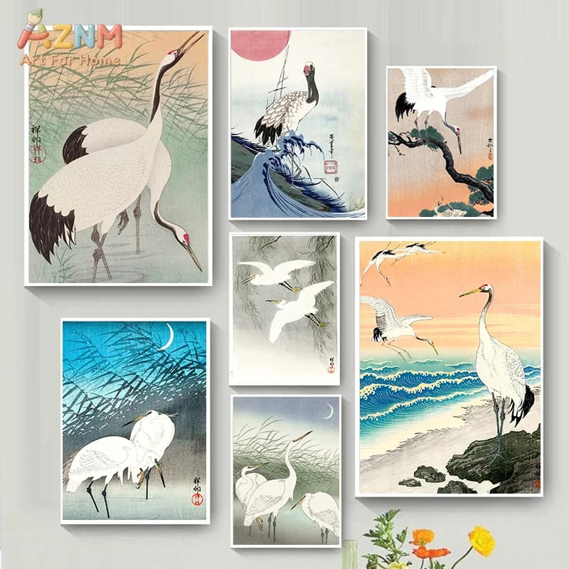 Japanese Retro Crane Art Poster Canvas Printing Living Room Foyer Tavern Homestay Restaurant Wall Decoration Painting Frameless