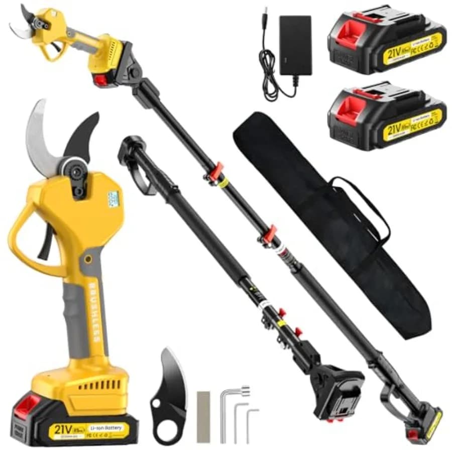 Potatore per alberi: Motore brushless in acciaio SK7 nero-grigio con 2 batterie da 2.0Ah per cesoie da potatura a palo 2-in-1 senza fili, apertura da 2.6 pollici