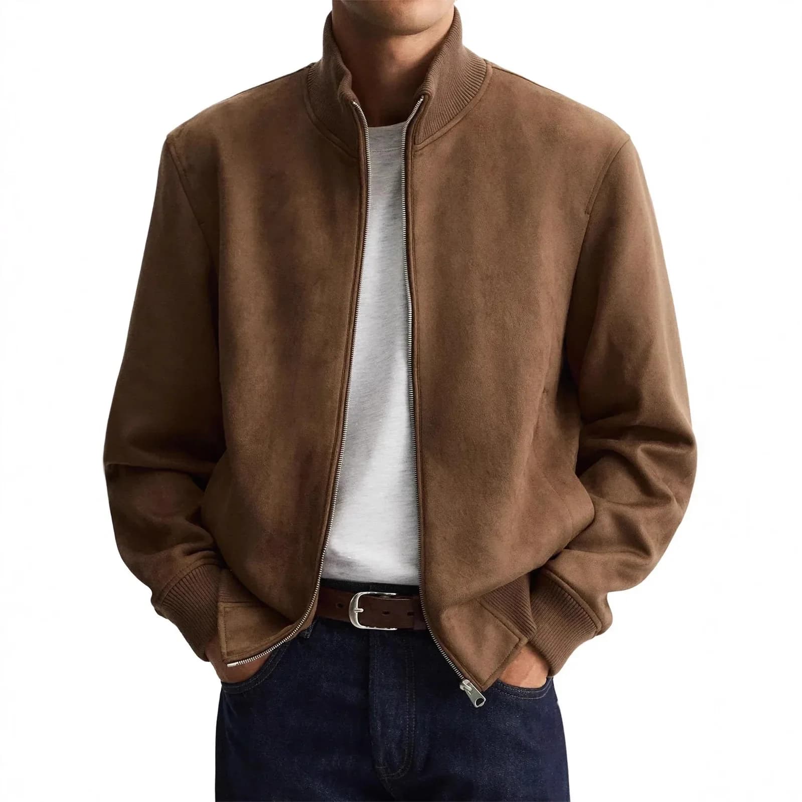 Autumn Winter Street Style Fashion Suede Fabric Jacket for Men Stand Collar Slim Outerwear Coat Man Business Casual Jackets