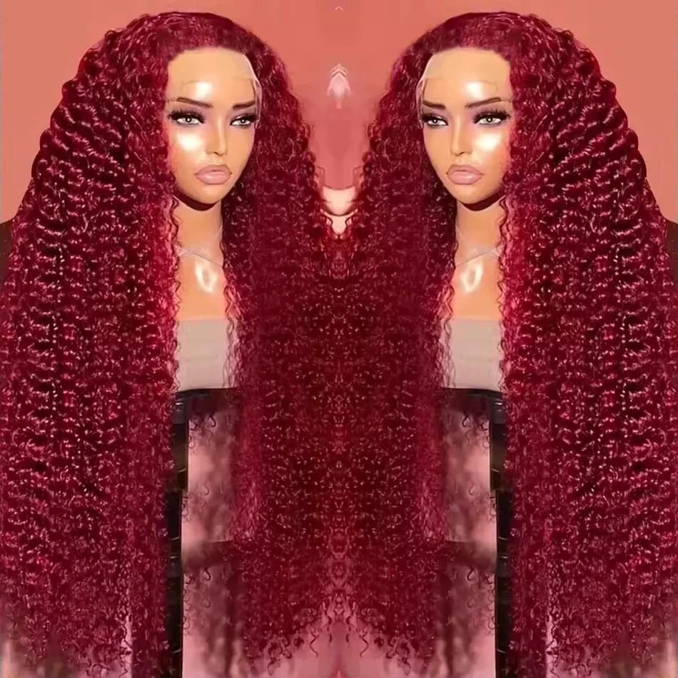250 Density 99J Burgundy Curly 13x6 Hd Lace Frontal Wig Human Hair 30 34Inch 13x4 Water Deep Wave Red Colored Wig For Women