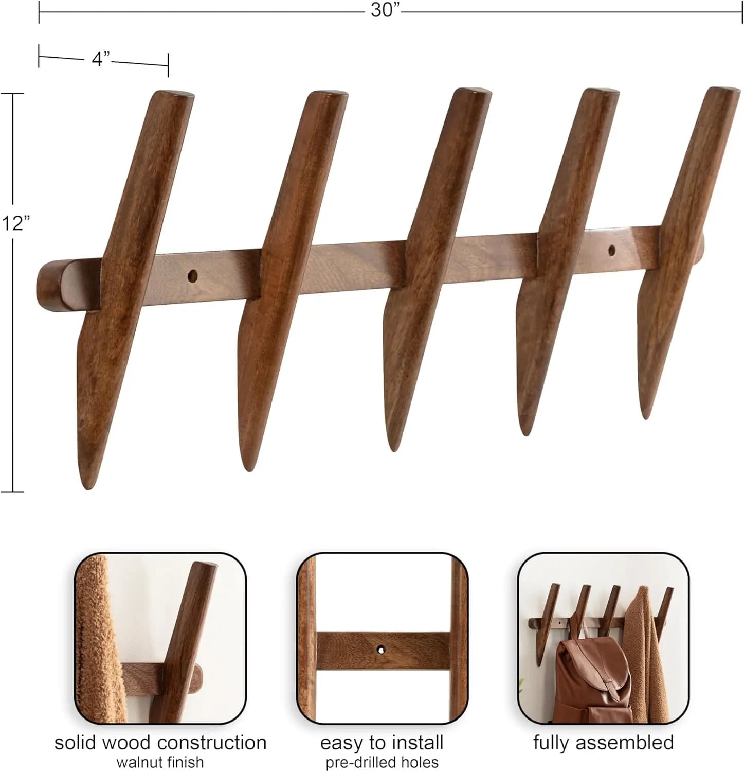 Appendiabiti da parete moderno Eland a cinque ganci; 30 x 4 x 12; Marrone noce; Appendiabiti decorativo in legno da parete per uso domestico