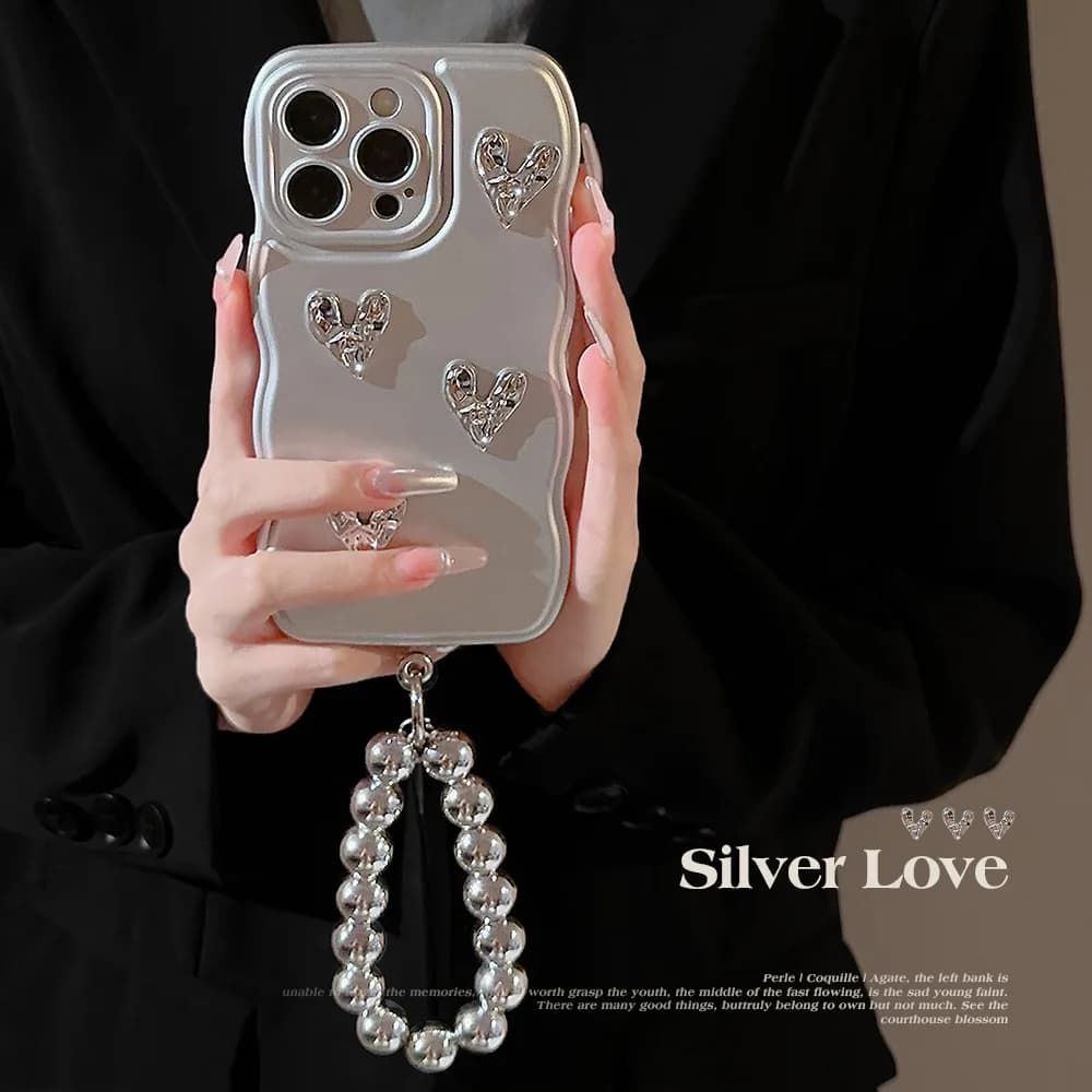 Korean 3D Rugues Heart of Love Edge Corrugated Plating Phone Case For iPhone 17 16 15 14 13 12 11 Pro Max With Black Shoe Bracelet
