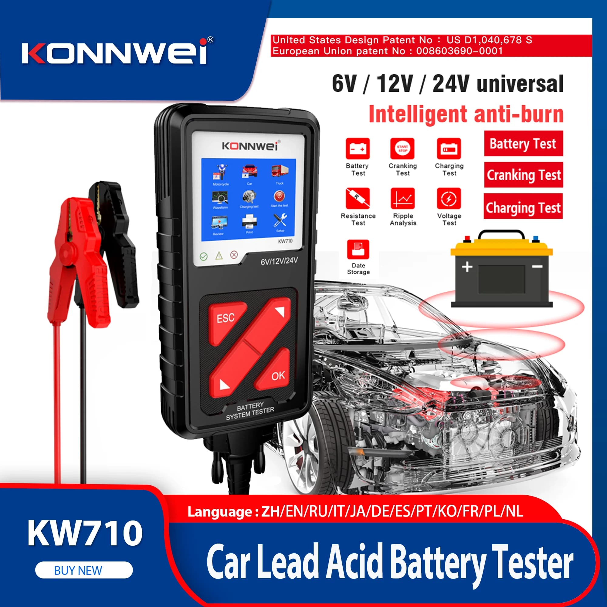Tester Batteria Auto KONNWEI KW710 2026 6V/12V/24V 100-2000CCA, Tester di Carico Batteria per Moto, Auto, Camion, Strumento Diagnostico di Ricarica