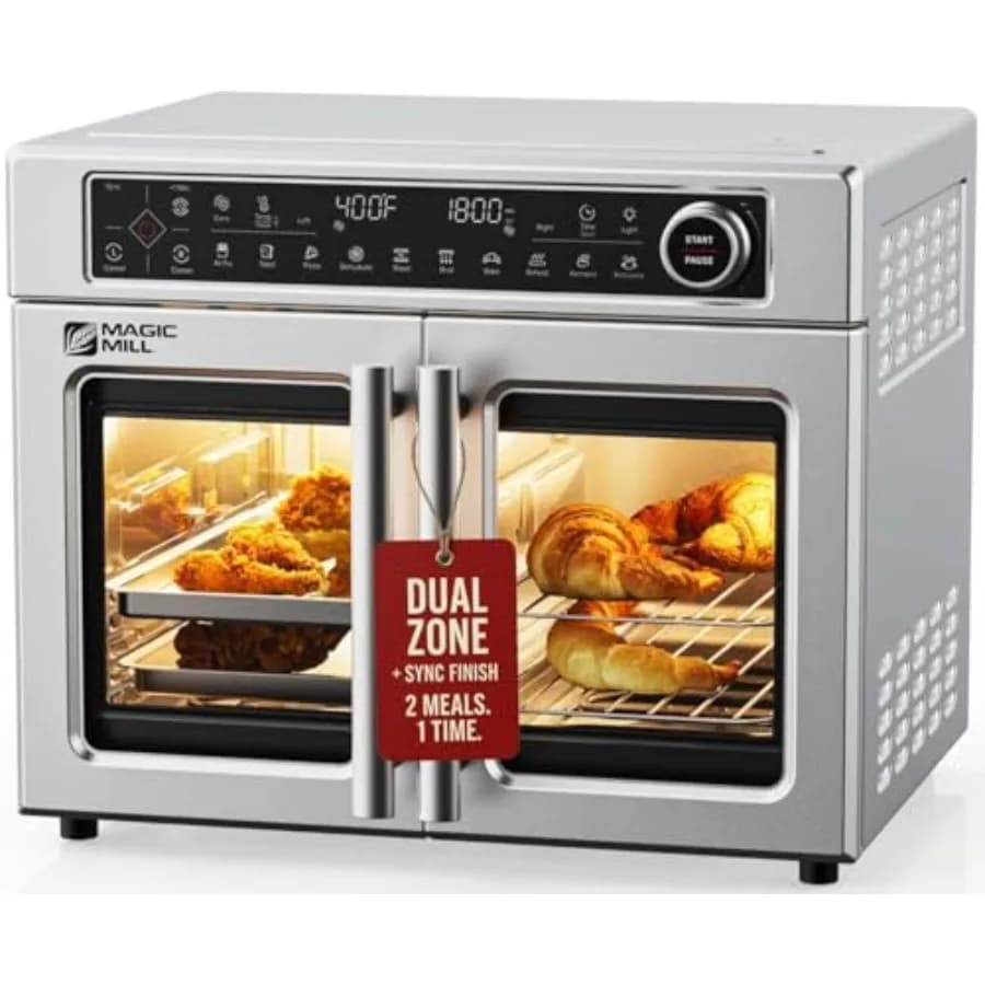 Forno Combinato Ultra-Premium a Doppia Zona in Acciaio Inossidabile con Funzione Friggitrice ad Aria e Forno a Convezione Extra Large da 32QT con Porta alla Francese di Nuova Generazione