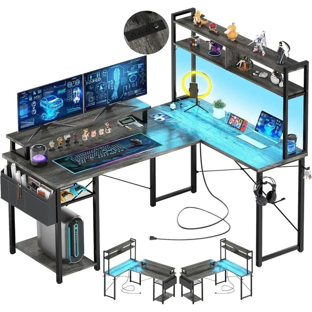 Bestseller L Gaming Desk Compact with LED Lights and Current Grips, Reversible L Computer Desk with Monitor and Scaffale Support