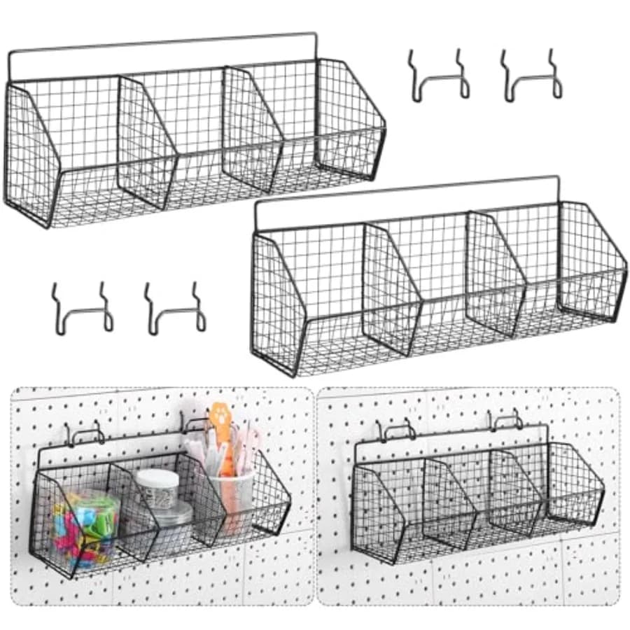 Set di 2 Cestini Divisori per Pannello Forato in Metallo, Organizzatore da Parete con 4 Ganci per Pannello Forato, per Garage, Banco da Lavoro, Bagno e Accessori
