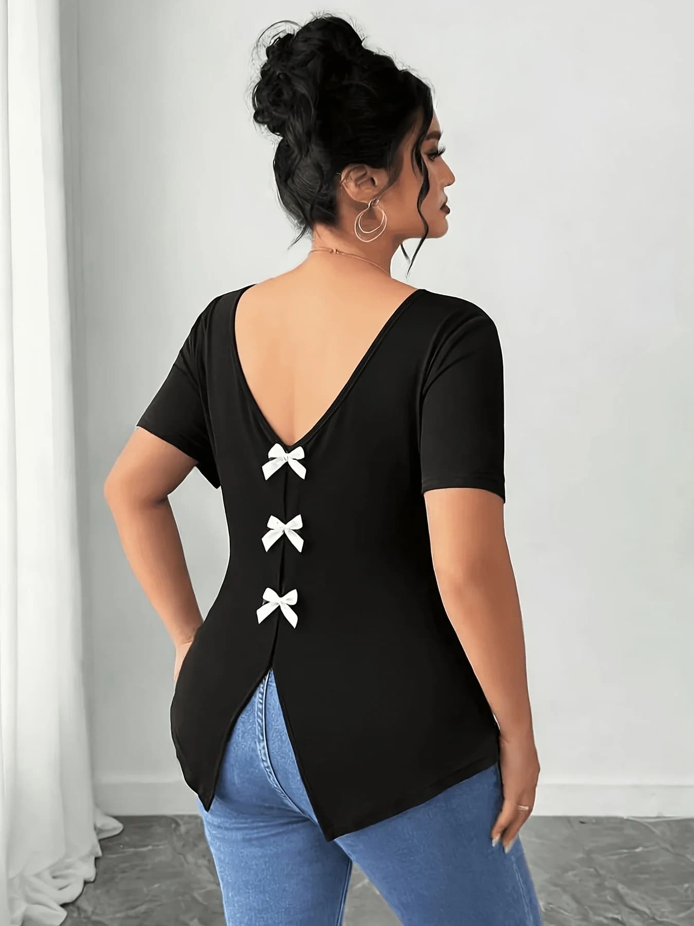 plus Size Women's Summer New Butterfly Knot V-Neck Casual Fashion Short Sleeve T-Shirt