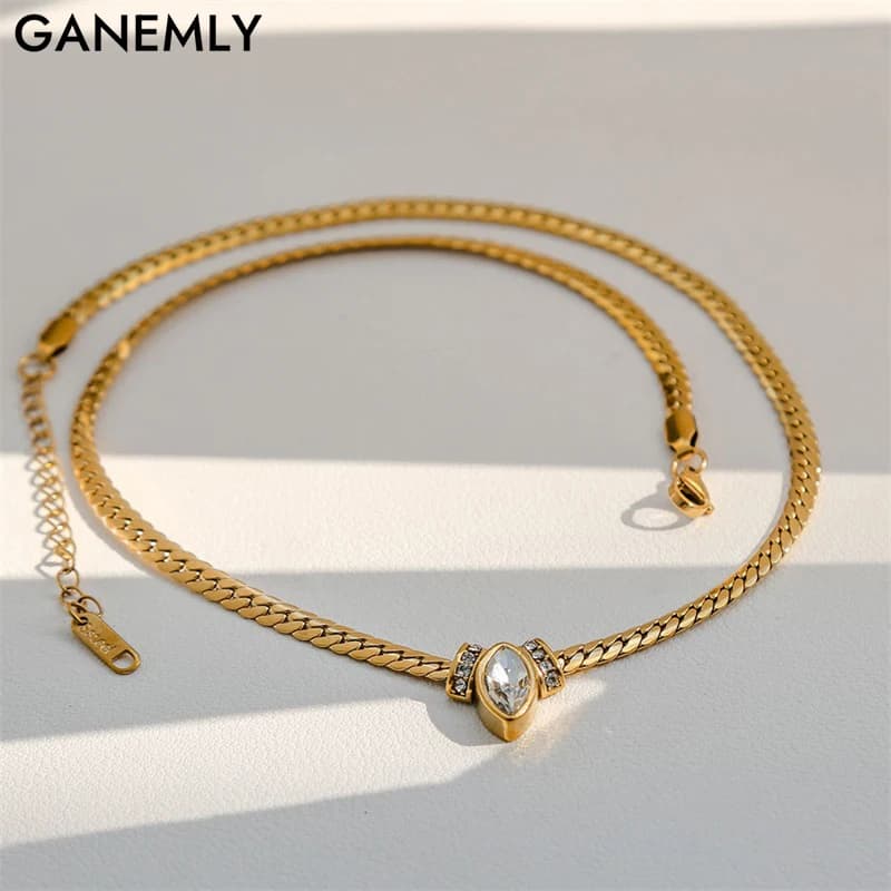 GANEMLY 316L Stainless Steel Fashion Bling Zirconia Necklace Exquisite Neck Chain Collar Waterproof Jewelry For Women Bijoux