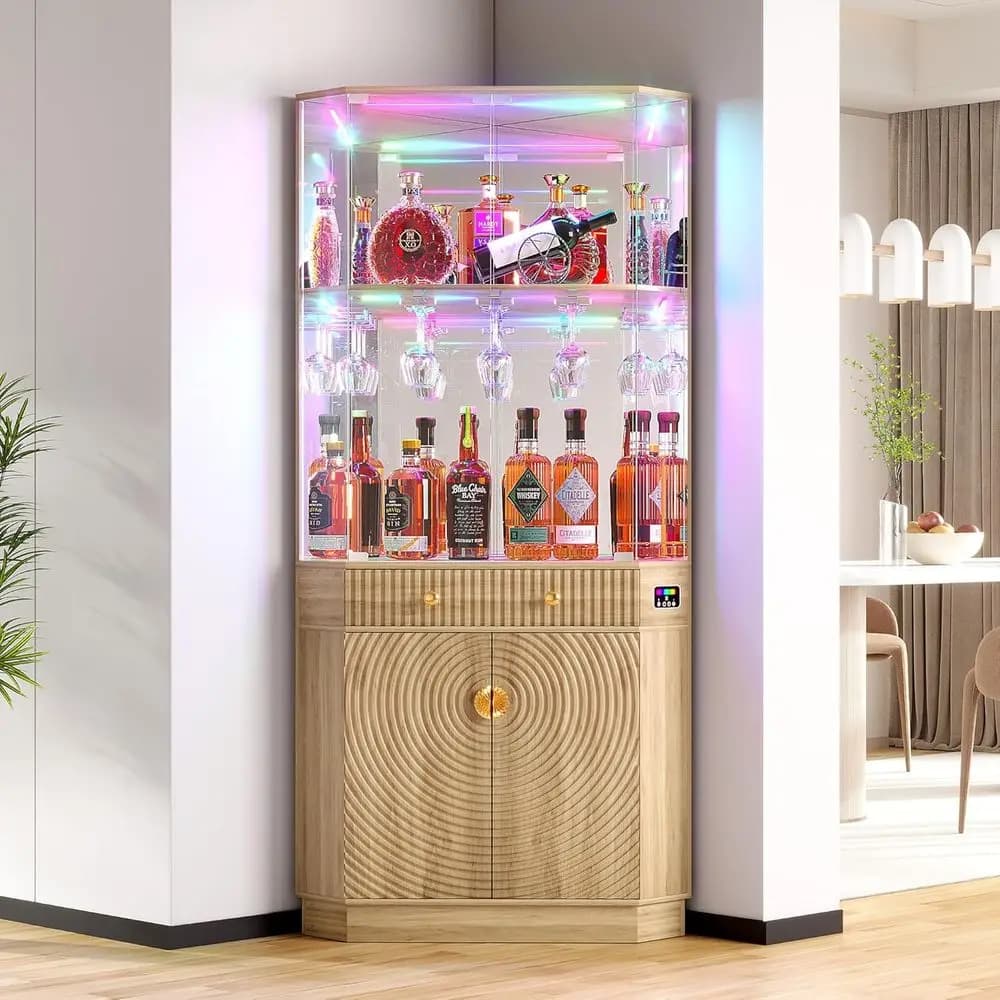 71 Tall Bar Cabinet with RGB Lighting, Motion Sensor, Mirror Back & Glass Doors for Home Living Room