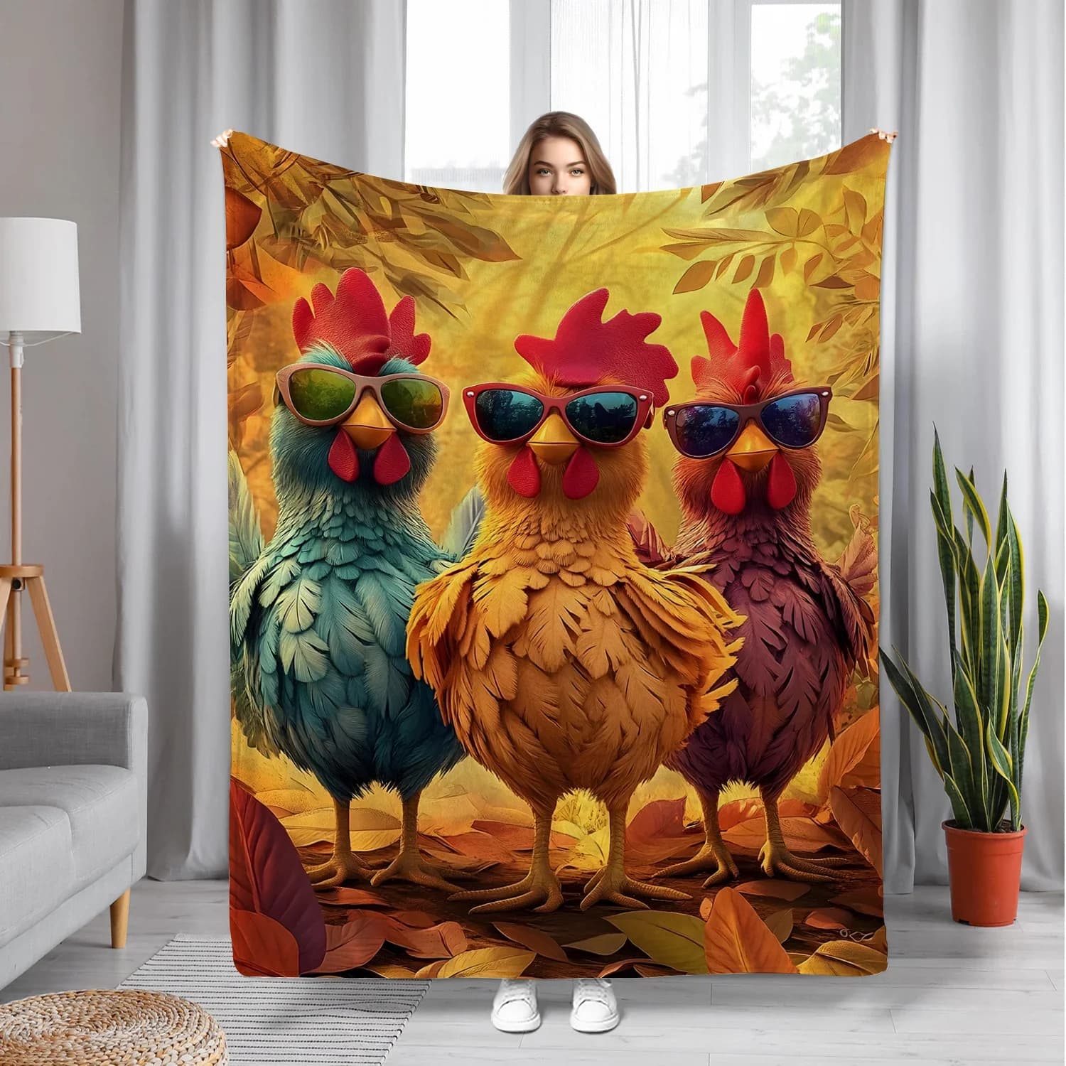 Colorful Sunglasses with Rooster Flannel Print Blanket for All Seasons Ideal for Living Room Office Sofa and Travel