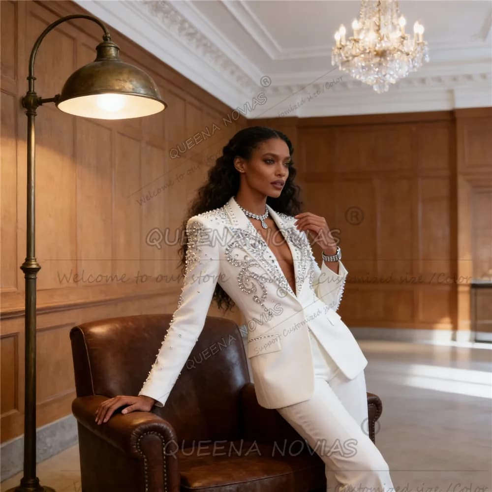 Completo da Donna Personalizzato con Pietre e Perline, 2 Pezzi, Giacca e Pantalone, Stile Lussuoso da Passerella