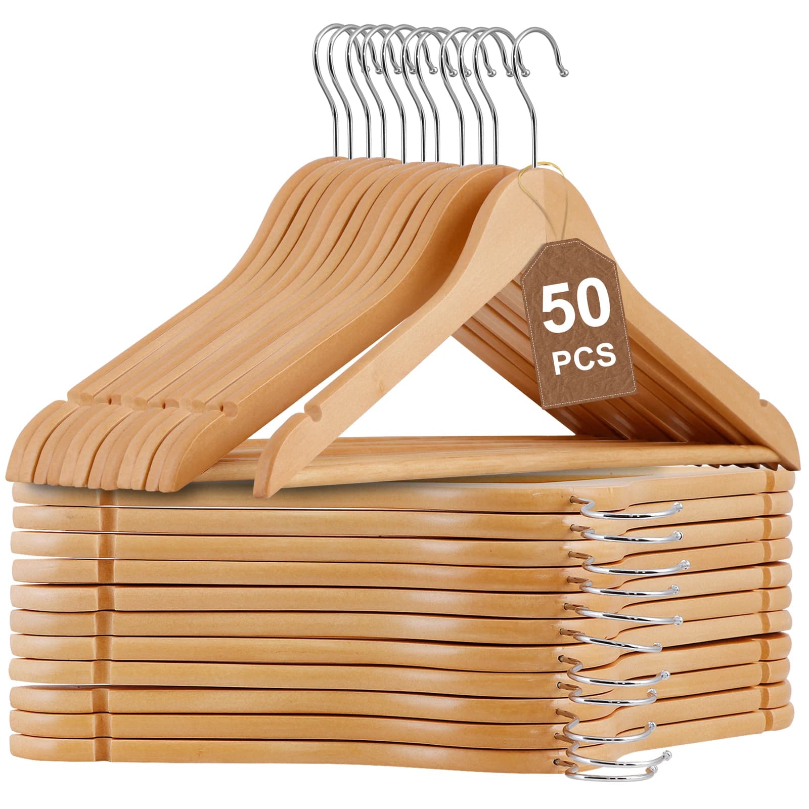 Premium Wooden Hangers 50Pack Heavy Duty Clothes Coat Hanger w/Non-Slip Shoulder