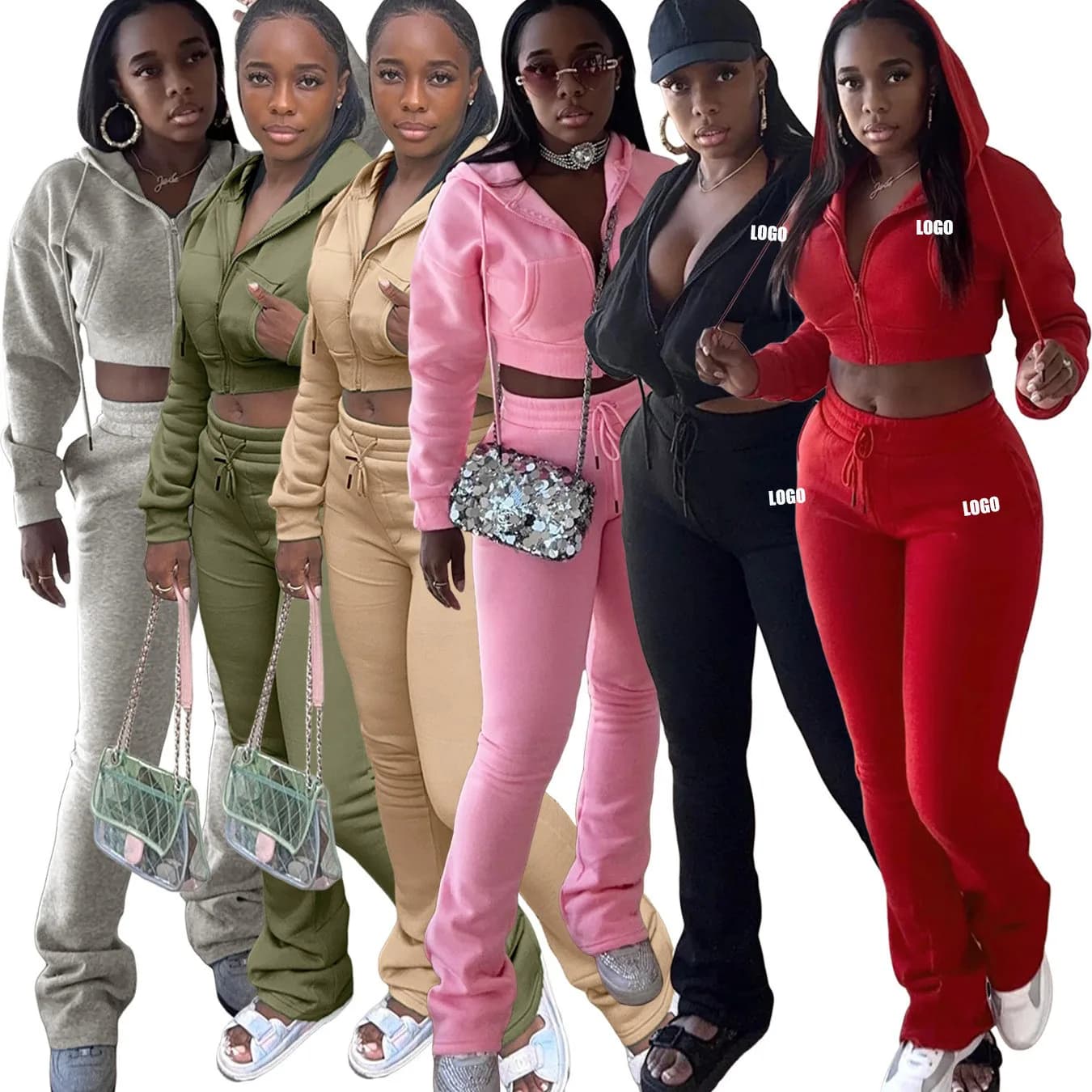 Customized LOGO women's fleece sweater hooded cardigan slim-fit stacked micro-pull pants two-piece set