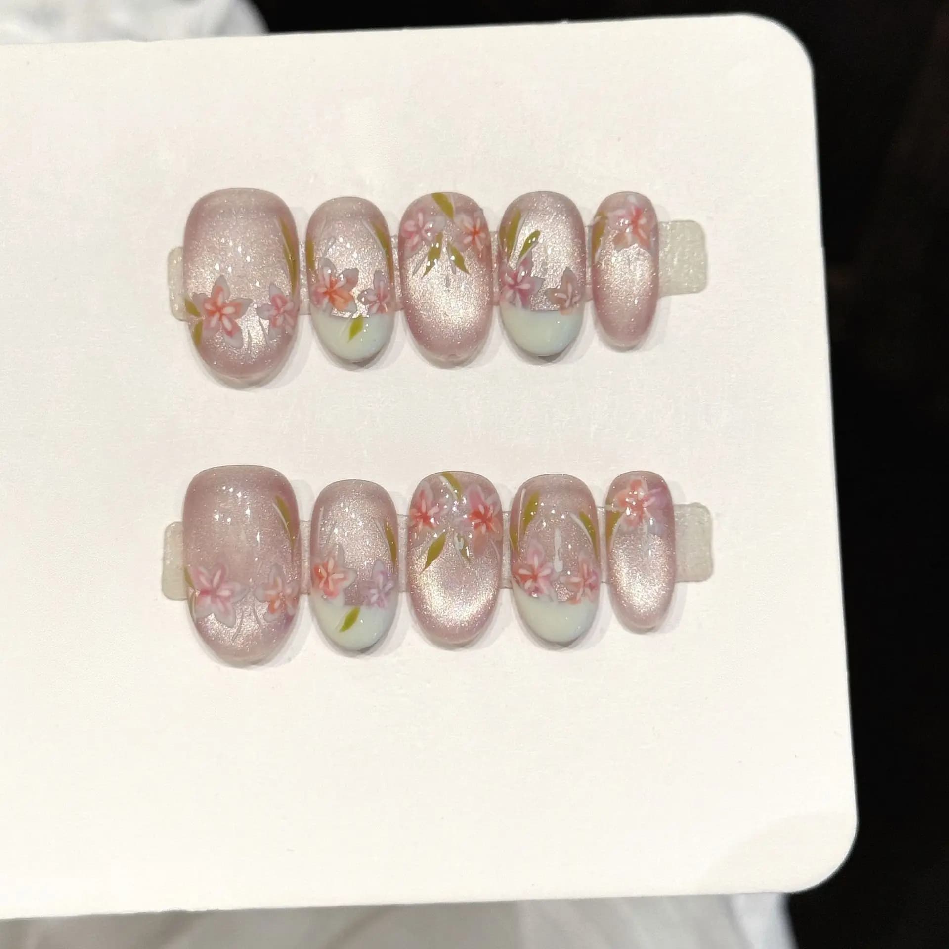 10 pieces of hand-made fake nails, short and oval, with cherry flowers hand painted, press-on fingernails, fake french nails, pure and fresh design.