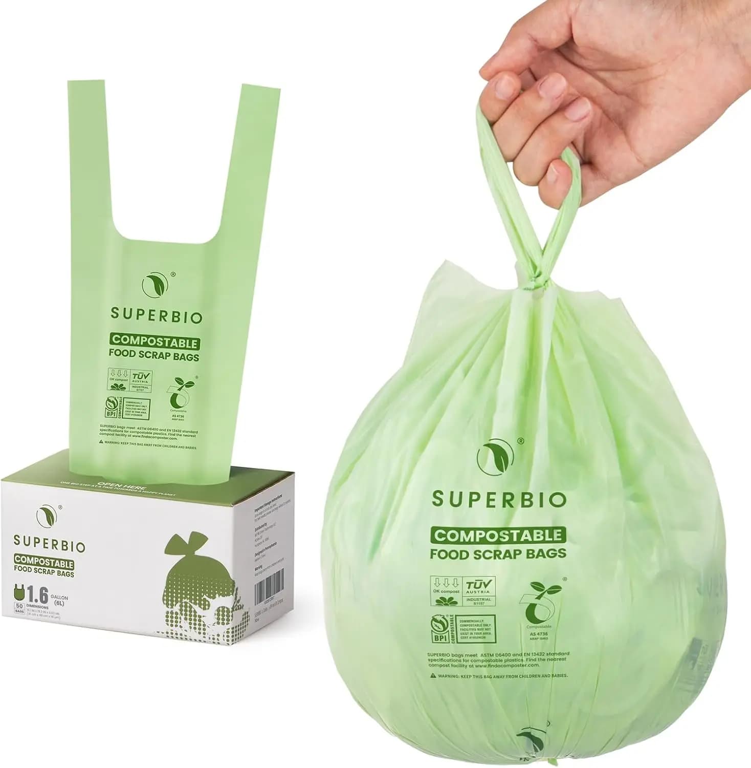 Sacchetti di rottami alimentari compostabili da 1,6 galloni, 50 pezzi, certificazione BPI e OK compost per contenitore da banco