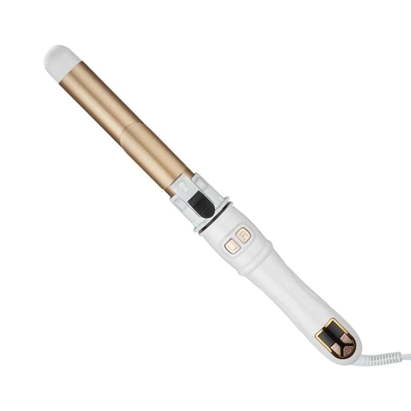 Extra long barrel curling iron with ring logo for rotating hair White twin-voltage curling iron with rotating degrees