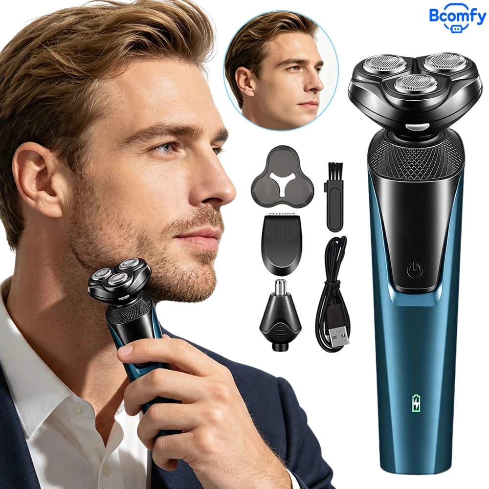 3‑in‑1 Men Electric Rotary Shaver Floating Beard Razor Rechargeable Waterproof Shaver Nose‑hair Trimmer for Daily FacialShaving