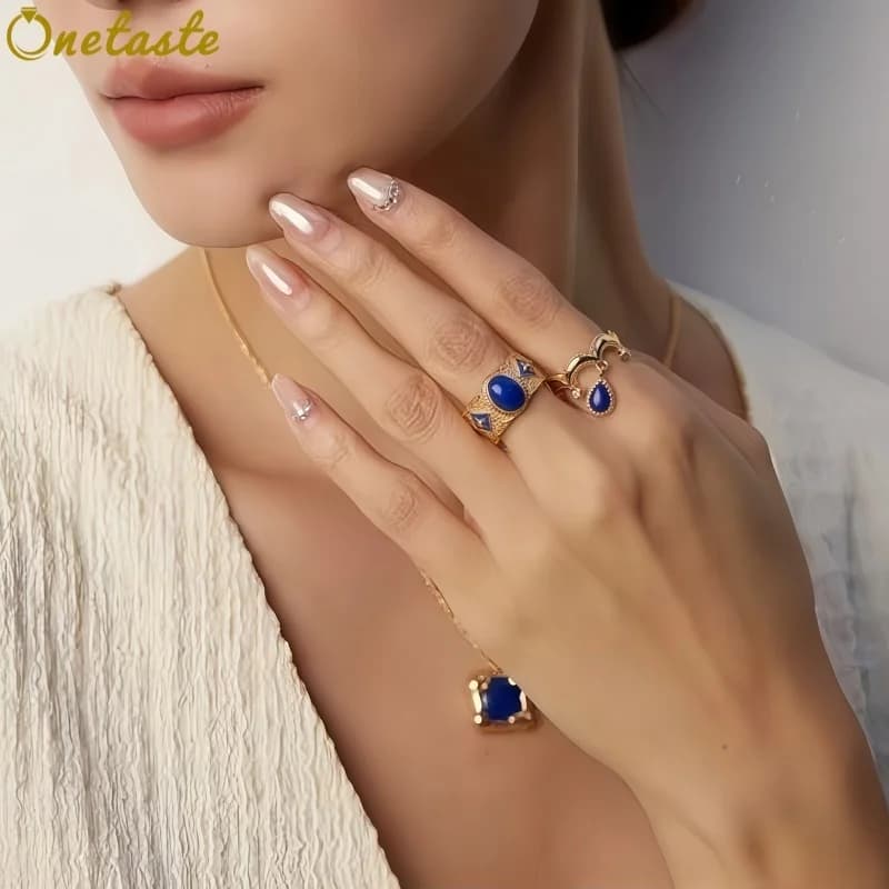 Anello Aperto Largo in Argento Sterling 925 con Lapislazzuli e Madreperla, Anello Trendy con Resina Blu per Donna, Regalo d'Amore