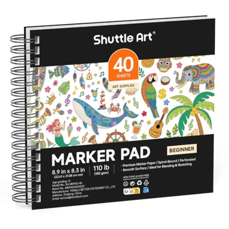 Marker Pad, 8.9"x8.3" Portable Sketchbook, 40 Sheets Marker Drawing Paper, 110LB/180GSM Smooth Surface Bleedproof Art Paper, Sp