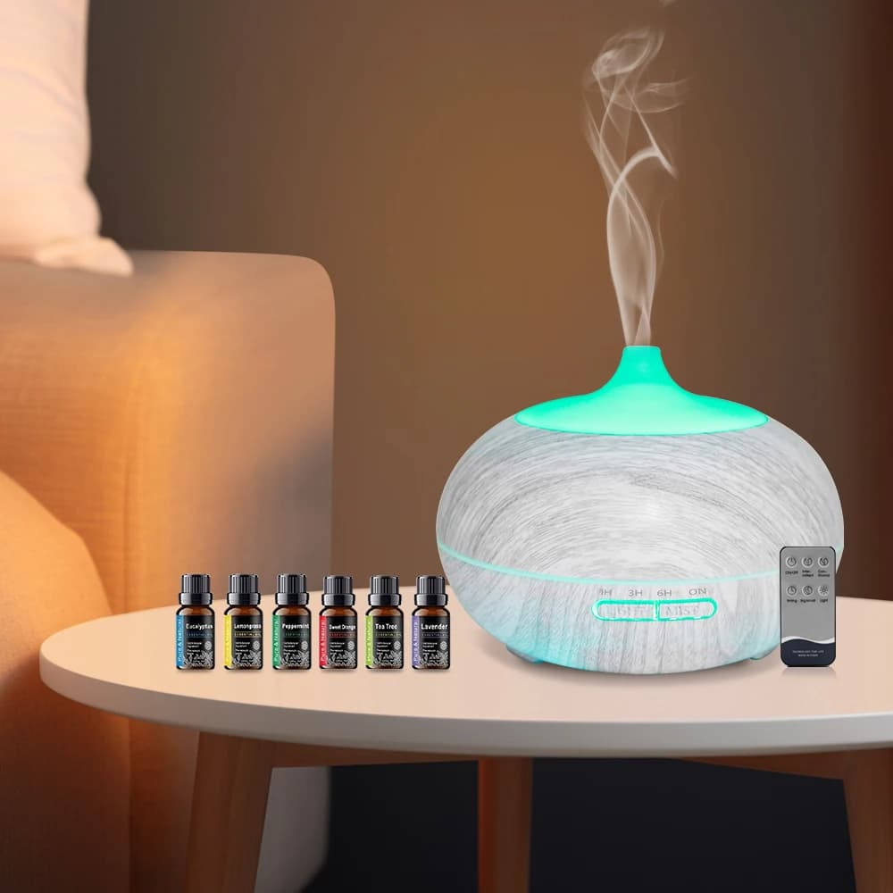 Migliora il tuo spazio con il diffusore di venature del legno da 550 ml include telecomando, 6 oli e luci LED rilassanti a 7 colori