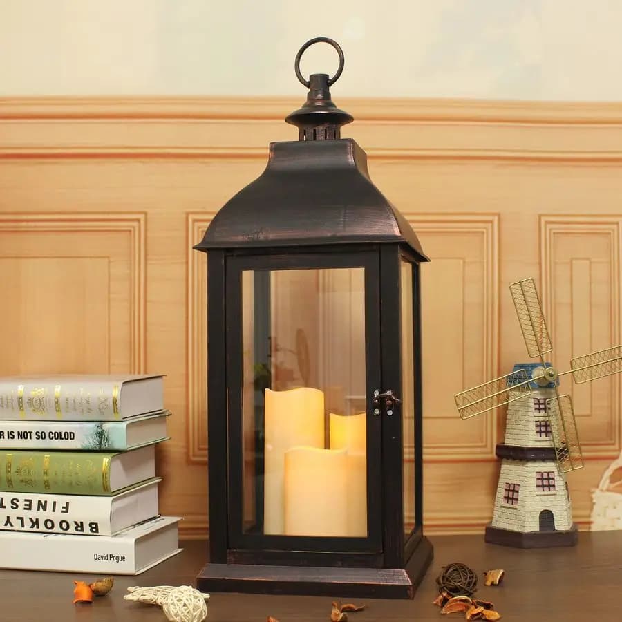 Decorative Lantern 24.80 H with LED Flame Candle Dancer and Timer, LED Candle with 6 Hours ON/OFF Timer, External Suspended Lantern
