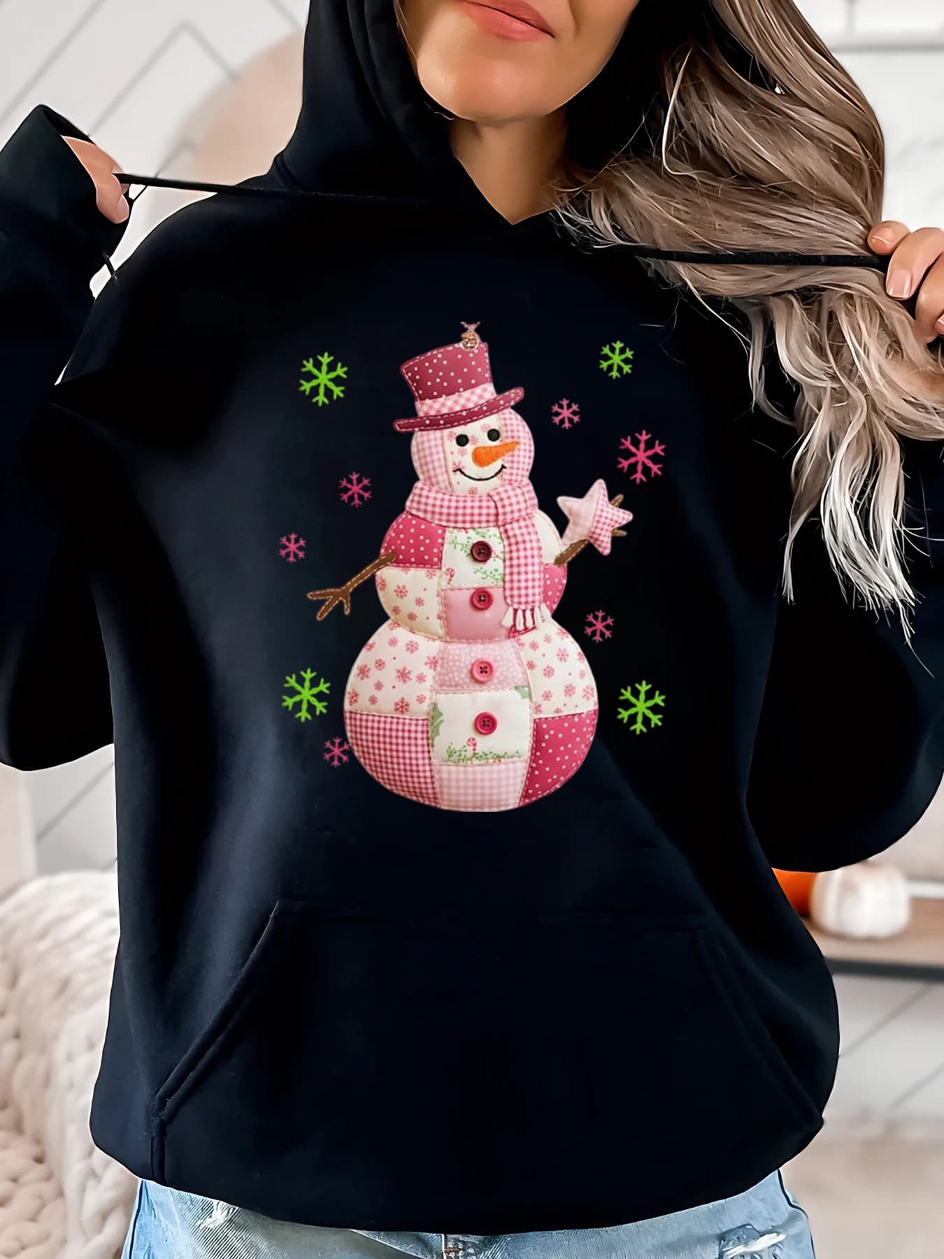 Felpa con cappuccio natalizia con stampa patchwork di pupazzo di neve rosa Abito casual da donna per le vacanze invernali Nero Taglie forti