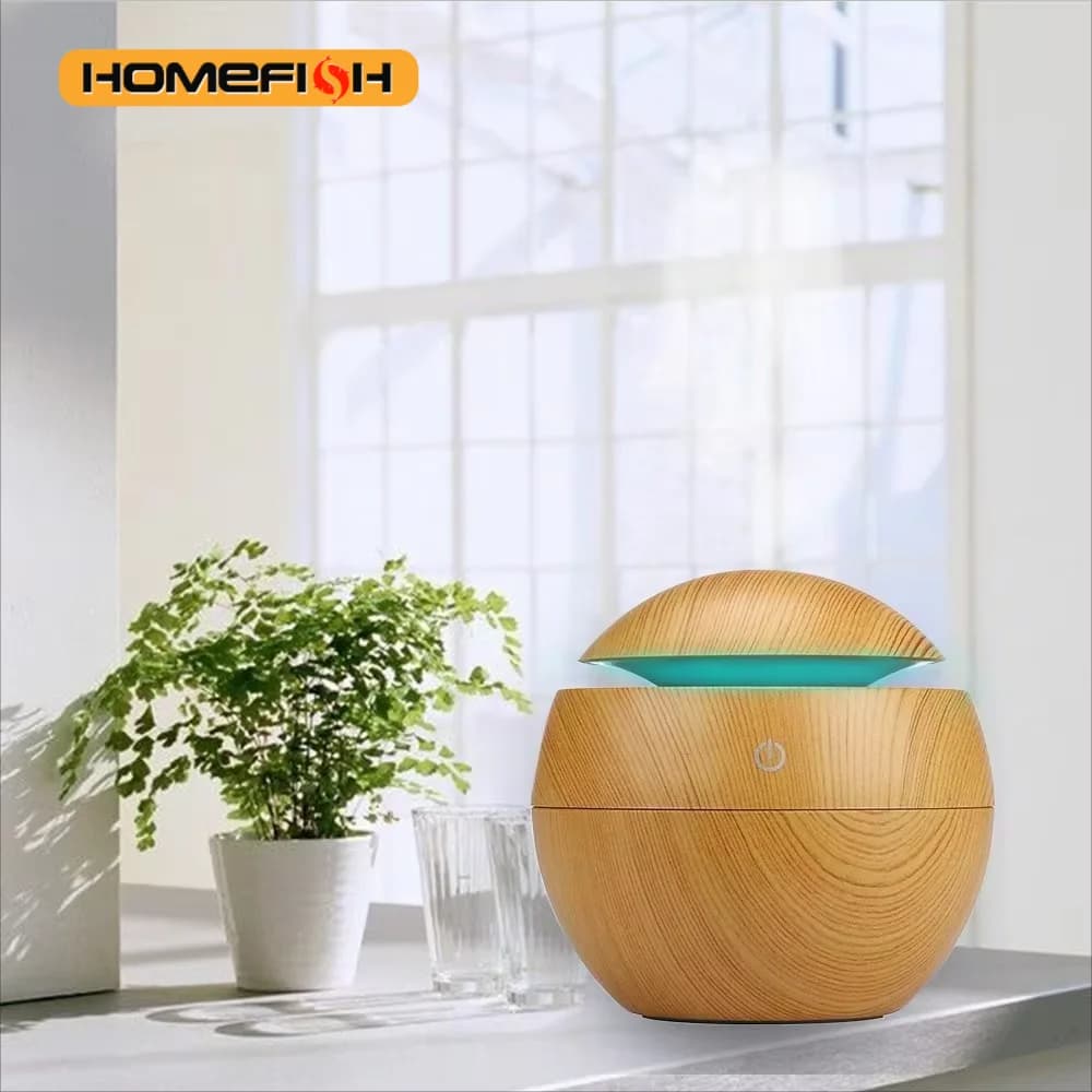 HOMEFISH Umidificatore Purificatore d'Aria da Tavolo Portatile Mini Sferico Effetto Legno con Aromaterapia per Casa Grande Capacità