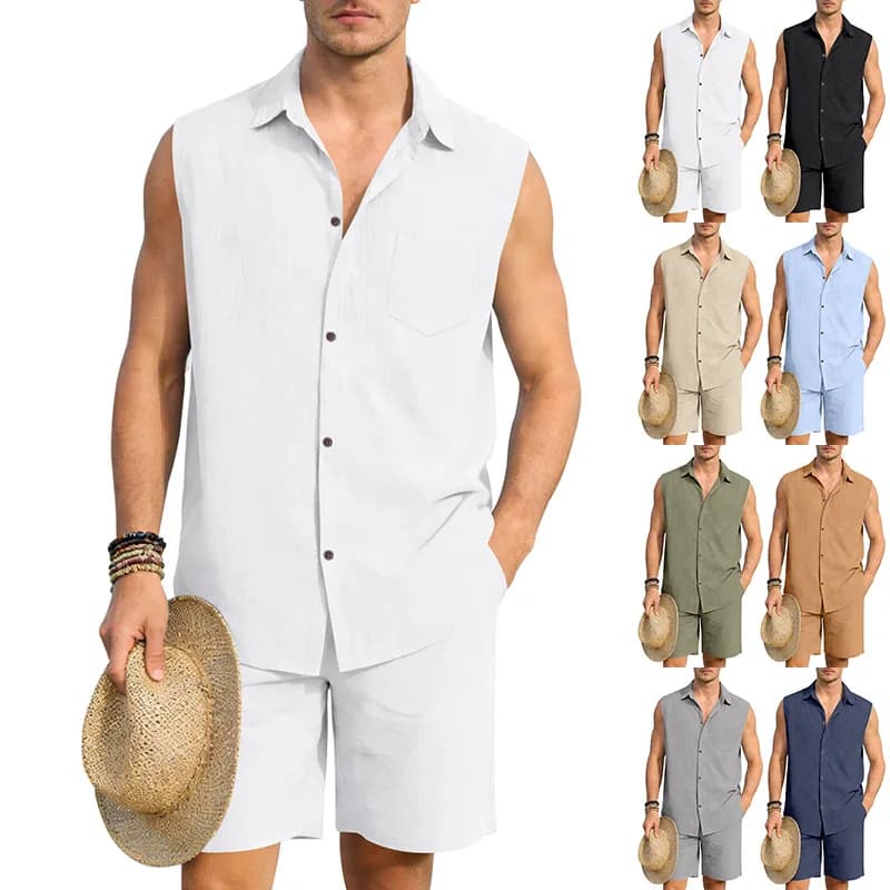 Completo Coordinato Uomo Primavera Estate 2026: Camicia Hawaiana Senza Maniche in Lino e Pantaloncini