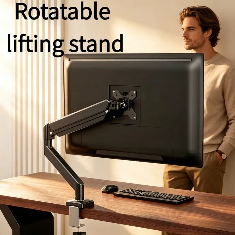 Supporto per Monitor Singolo con Molla a Gas, 13-35'', Carico 10kg, Regolabile in Altezza e Rotazione, con Morsetto a C e Base a Passante