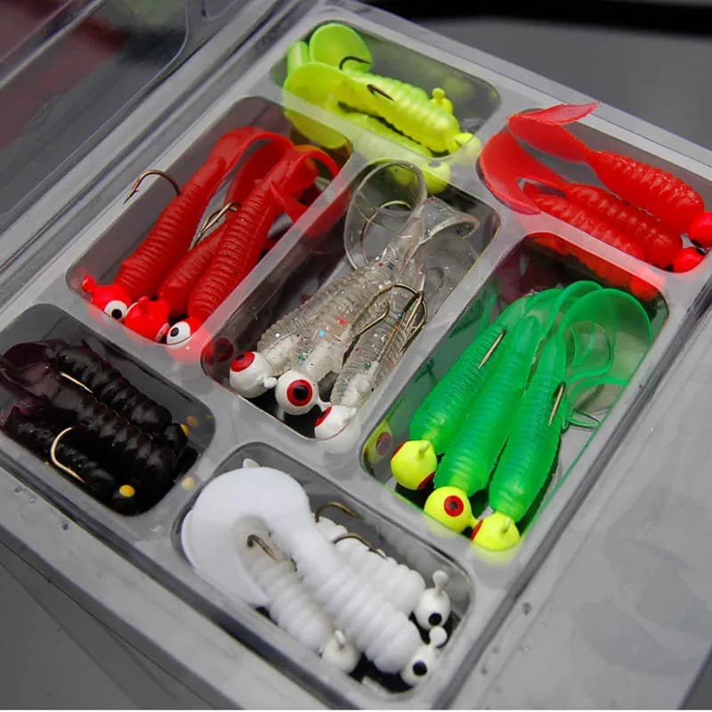 21 Pz/set Mini Richiamo Morbido di Pesca Jig Testa Gancio Grub Verme Silicone Esche Per Pesci Gamberetti Esca Artificiale Swimbait Mare Attrezzatura Da Pesca