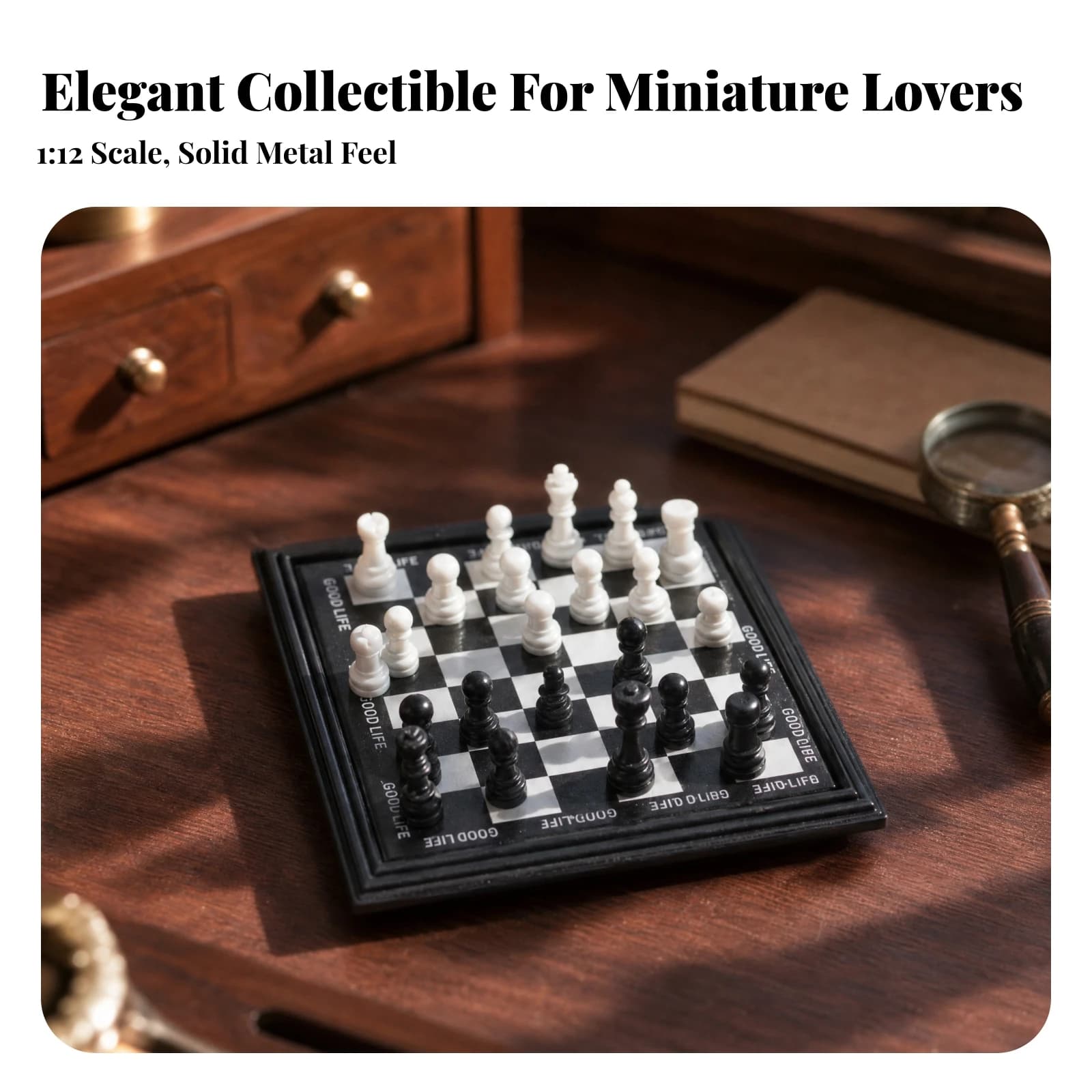 Miniature Metal Chessboard Space-Saving Dollhouse Miniature Chess Set Mini Chessboard with Sculpted Pieces Lightweight