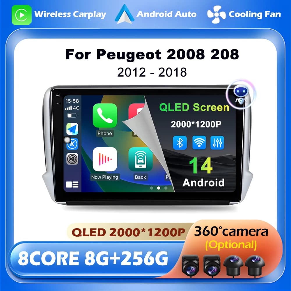 For Peugeot 2008 208 Series 2012 2013 2014 - 2018 Android 14 Multimedia navigation Carplay Auto Stereo BT video Autoradio