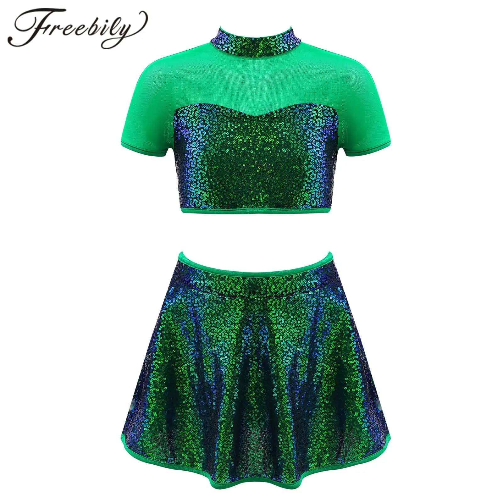 Ragazze paillettes balletto danza vestito bambini Crop Top gonna Set per Jazz pattinaggio ginnastica Costume lucido Stage Dance Outfit verde